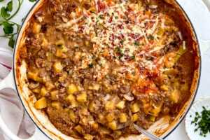 serving ground beef and potato casserole