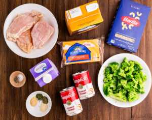 ingredients to make chicken broccoli pasta casserole