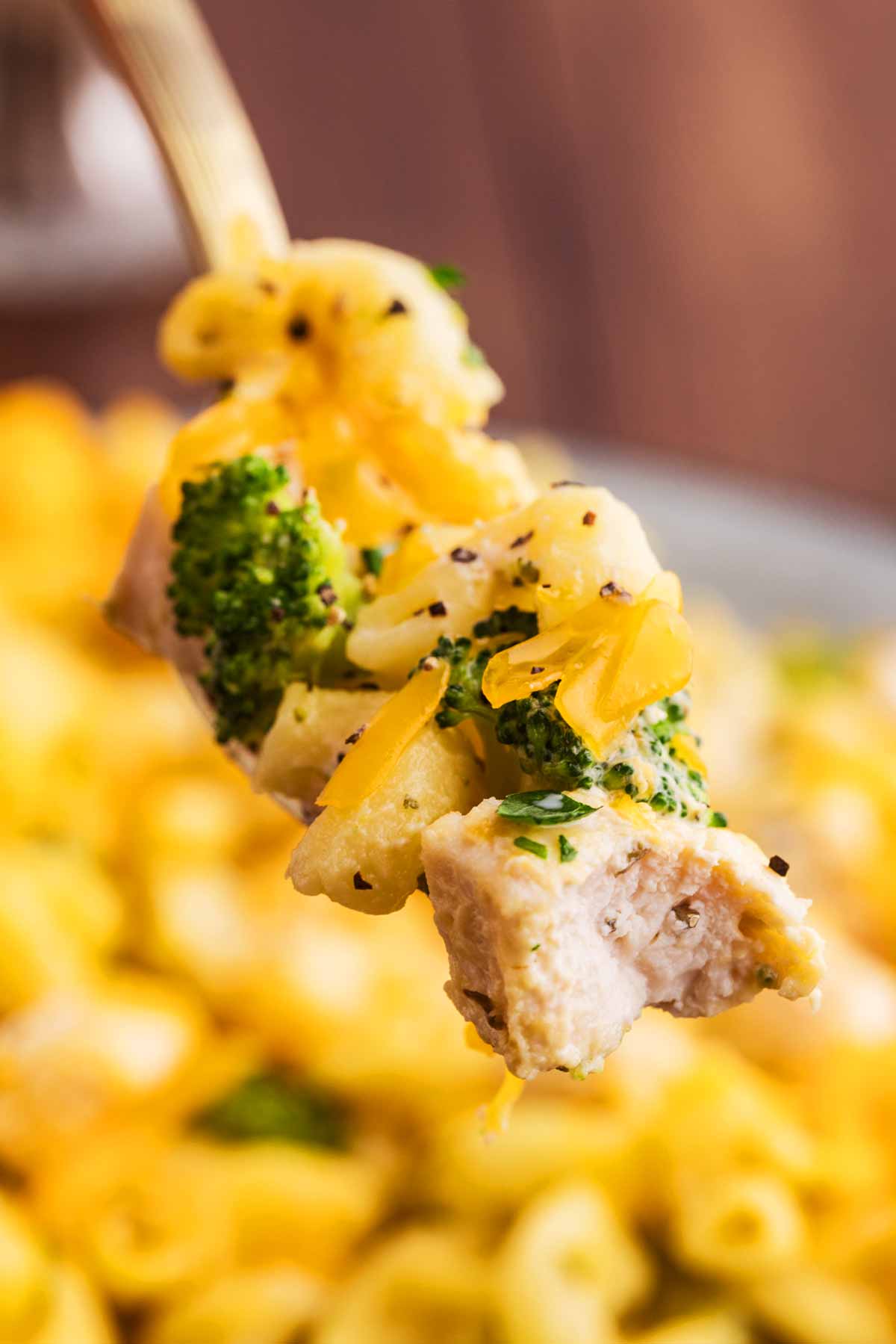 A forkful of chicken broccoli pasta casserole.