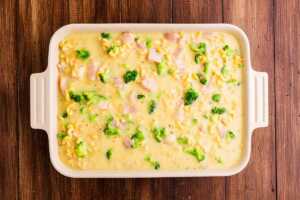 Unbaked chicken broccoli pasta casserole.