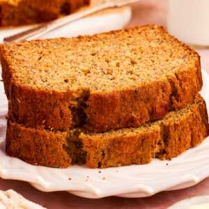stack of banana bread slices on white plate