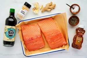 Ingredients for honey glazed salmon.