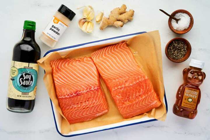 Ingredients for honey glazed salmon.