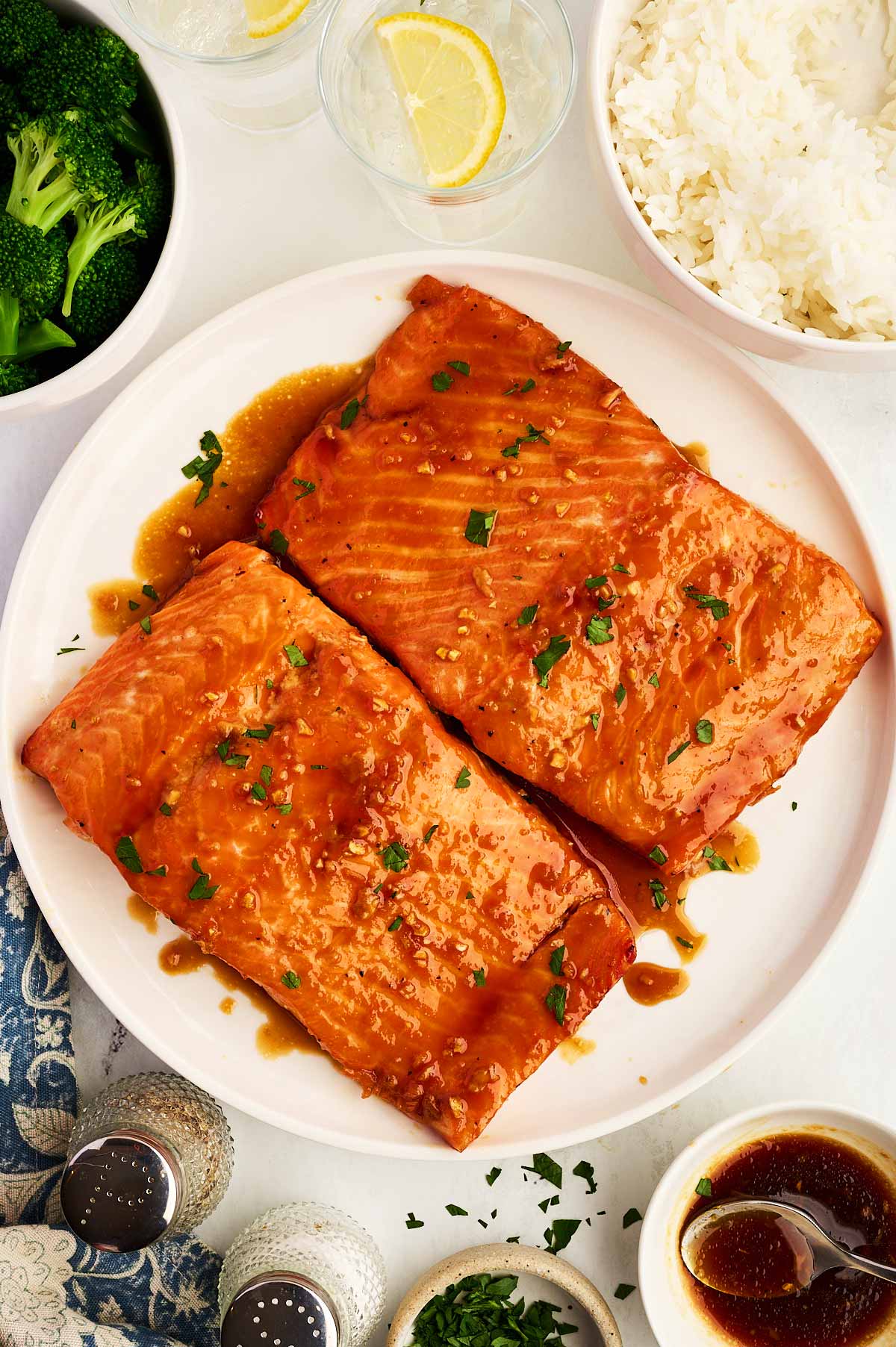Honey glazed salmon on a plate.