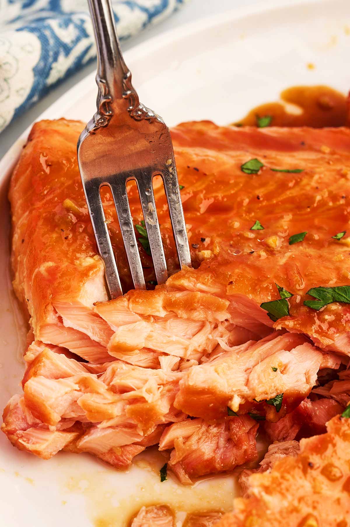 Interior of a honey glazed piece of salmon.