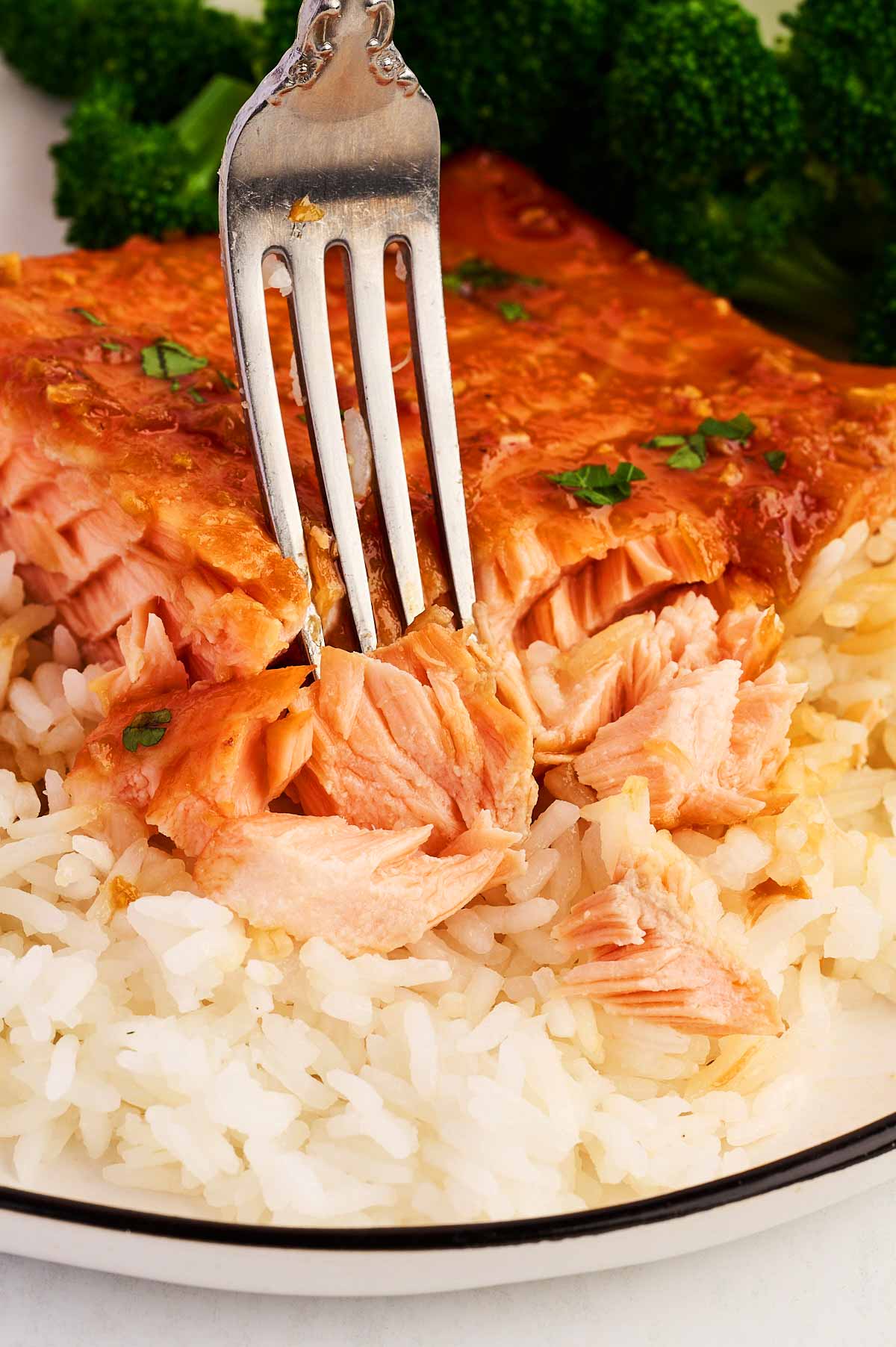Flaky interior of honey glazed salmon.