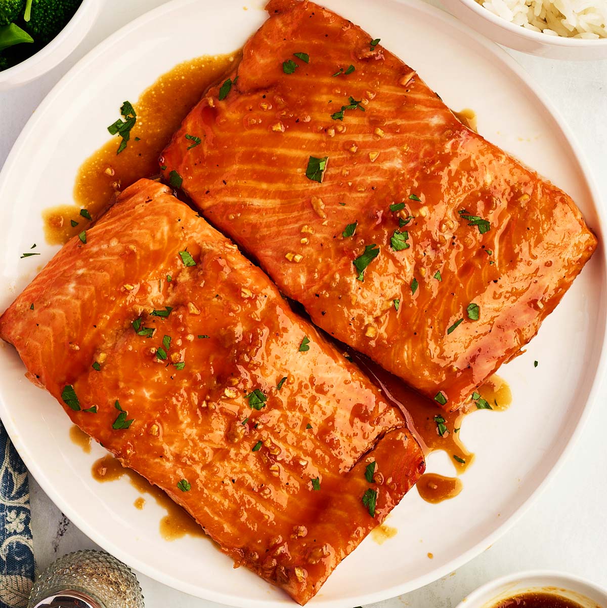 Honey glazed salmon on a plate.