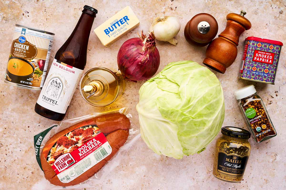 Ingredients for kielbasa and cabbage skillet.