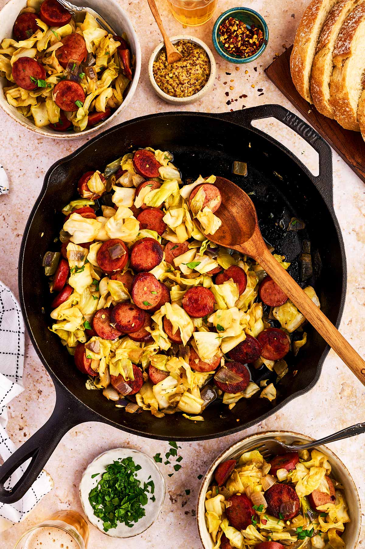 Serving kielbasa and sausage for a cast iron skillet.