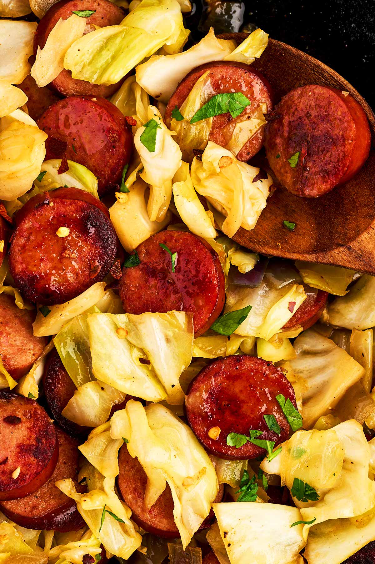 Close up view of kielbasa and sausage.