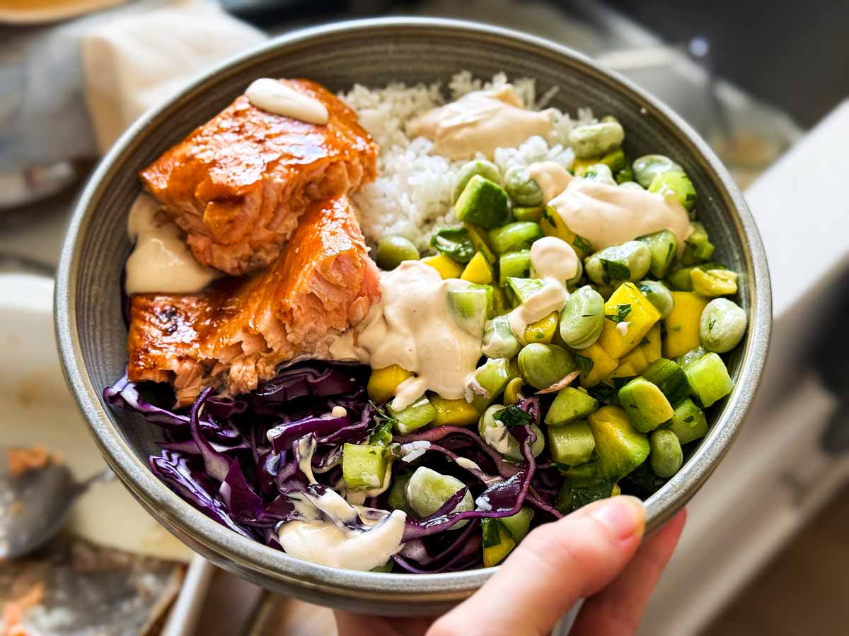 Assembled teriyaki salmon bowl.