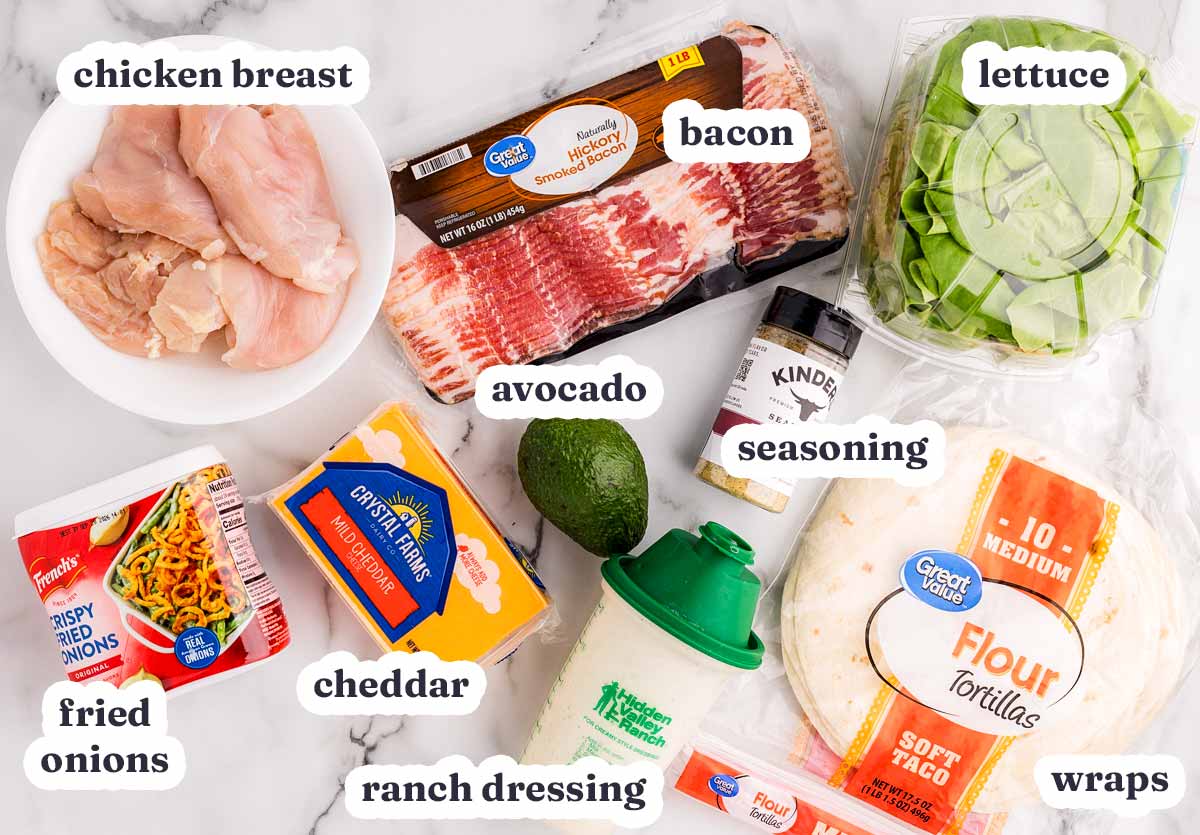 Cheddar Bacon Ranch Chicken Wraps ingredients with text labels.