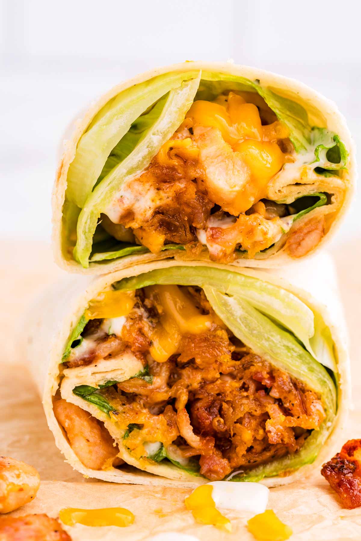 Stack of chicken wraps.