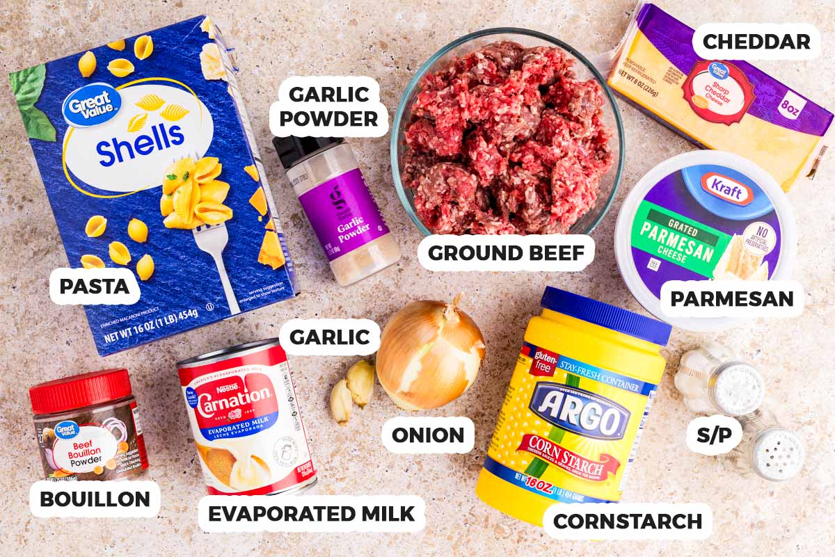 Cheesy Ground Beef and Pasta Ingredients with text labels.