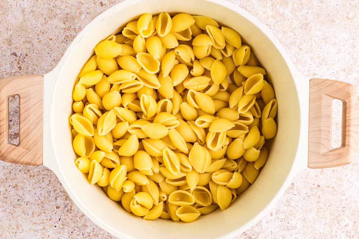 Cooked pasta in pot.