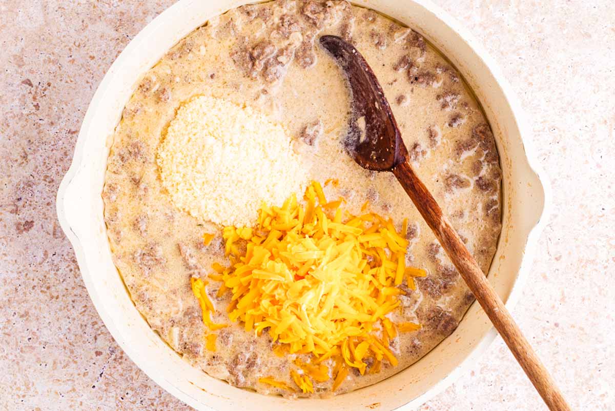 Creamy ground beef sauce in skillet.