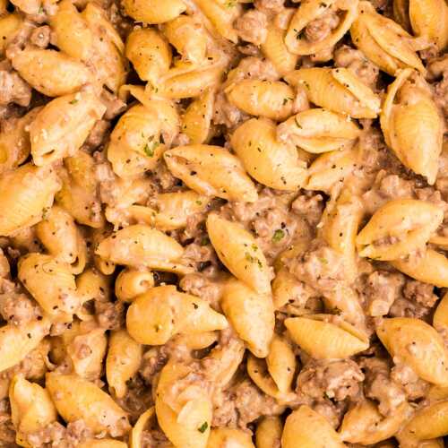 Ground beef and pasta in a pot.