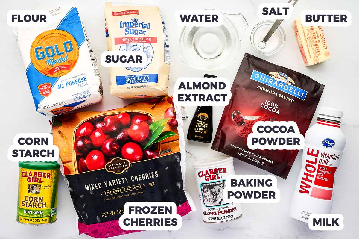 Chocolate Cherry Cobbler Ingredients with text labels