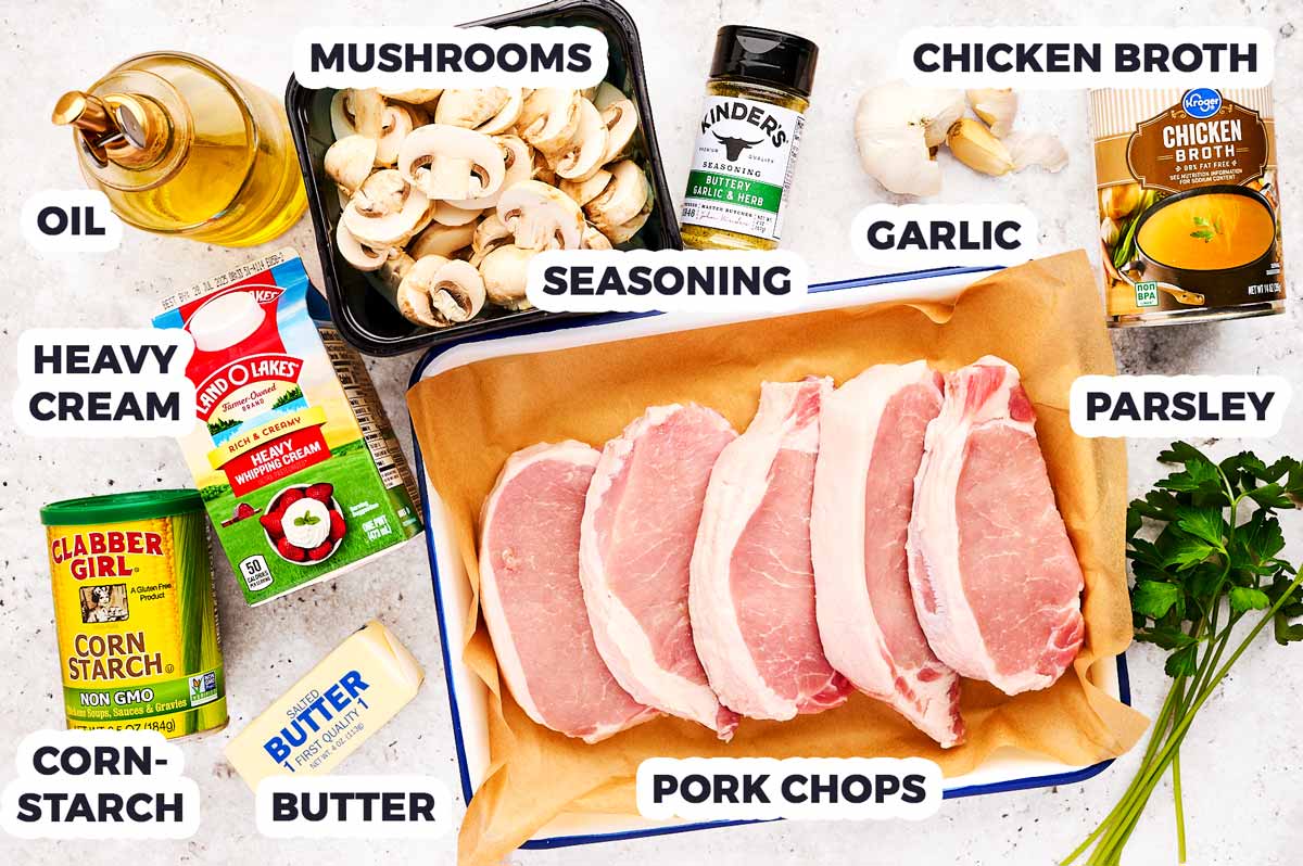 Ingredients for creamy mushroom pork chops with text labels.