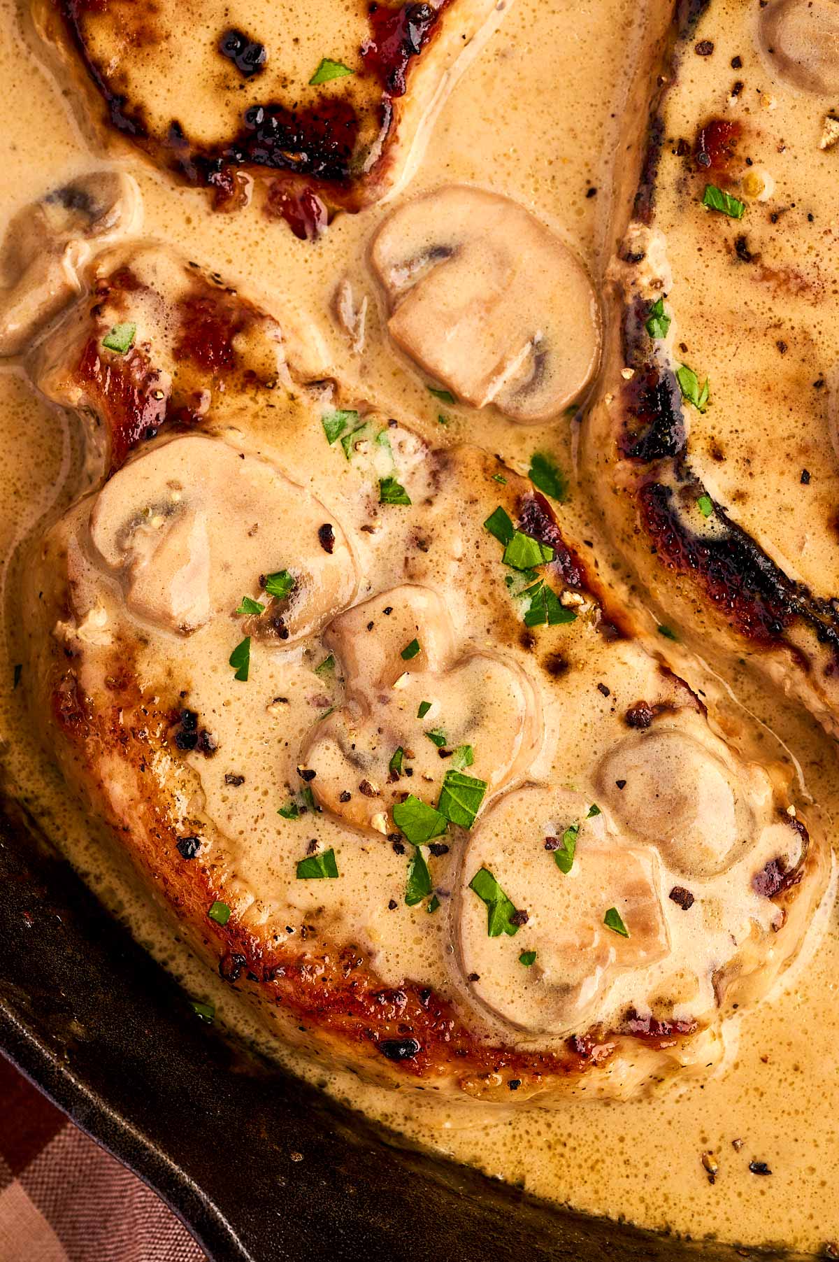 Close up photo of a pork chop in creamy mushroom gravy.
