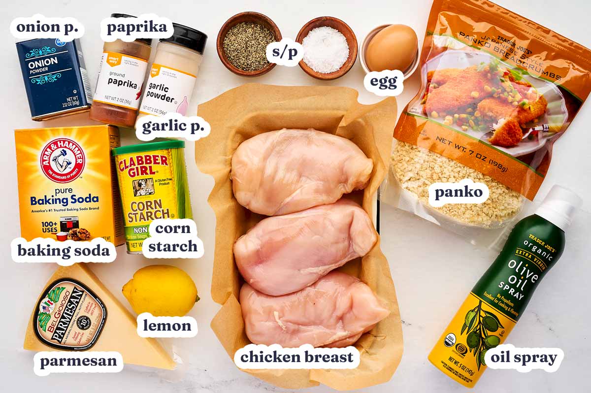 Crispy Baked Chicken Cutlets ingredients with text labels.