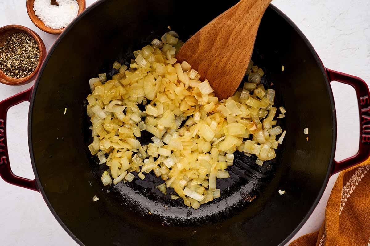 Sautéing onions in a Dutch oven.
