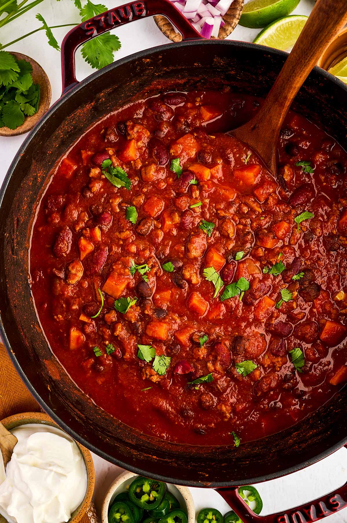 Pot of turkey chili.
