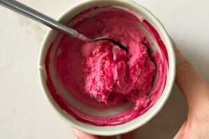 Seized white chocolate with red food coloring.