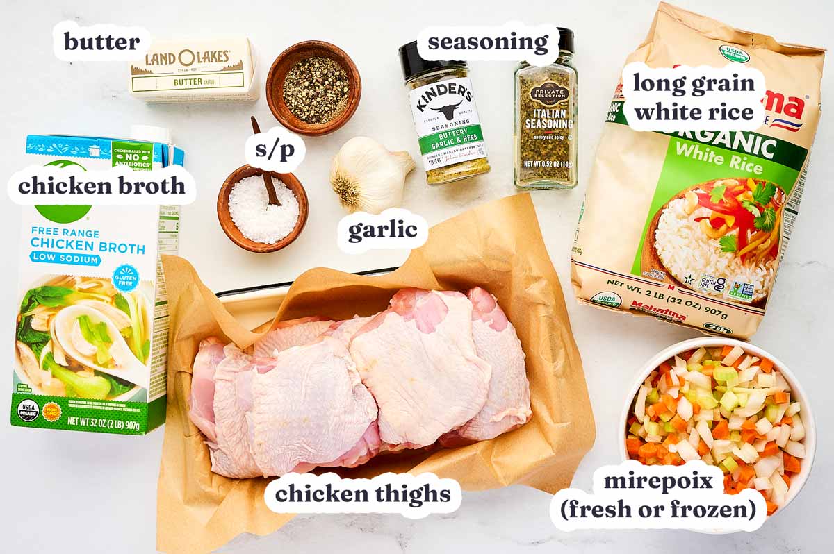 One Pan Chicken and Rice ingredients with text labels.