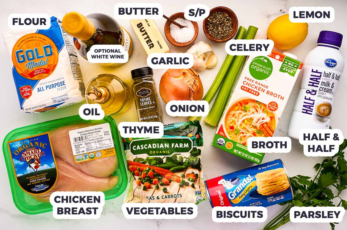 Ingredient for chicken and biscuits with text labels.
