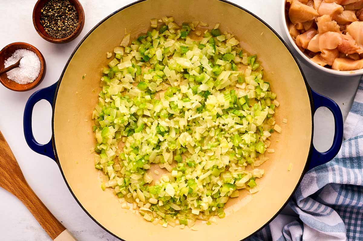 Sautéed vegetables in braiser.