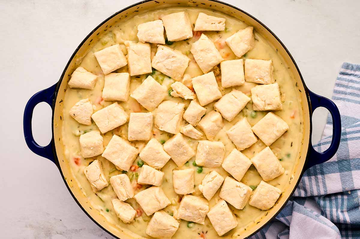 Unbaked chicken and biscuits casserole.