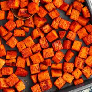 Pan with roasted sweet potato cubes.