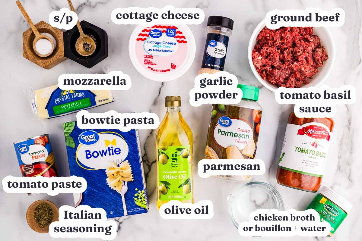Skillet Lasagna ingredients with text labels.