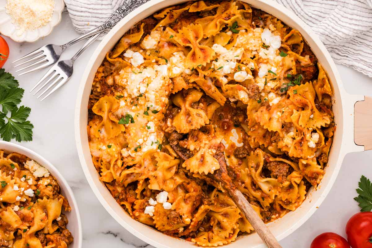 Serving skillet lasagna from the pan.