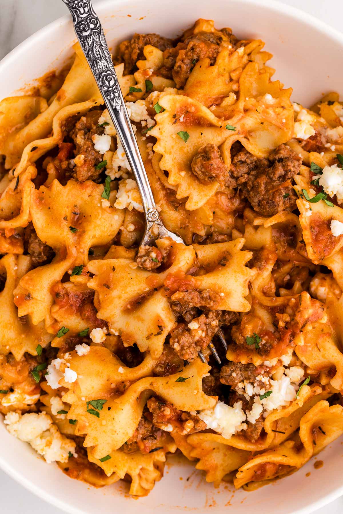 A bowl filled with skillet lasagna.