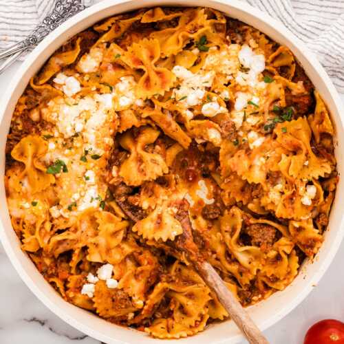 Serving skillet lasagna from the pan.