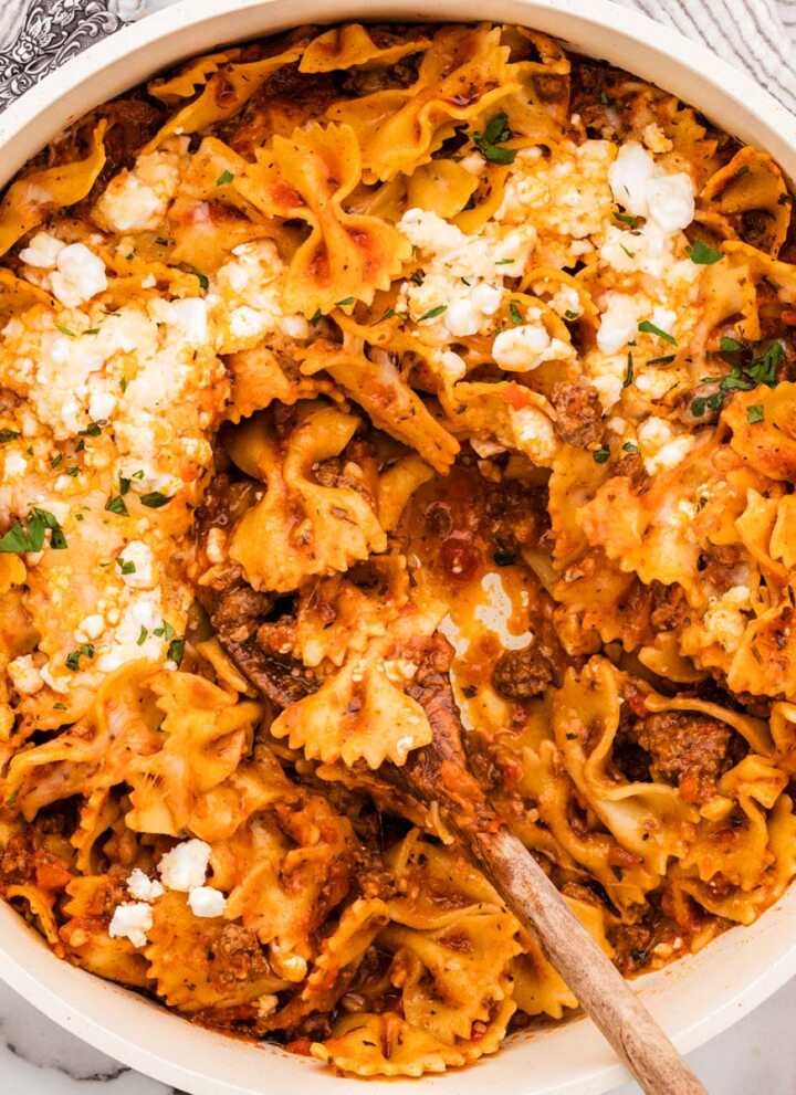 Serving skillet lasagna from the pan.