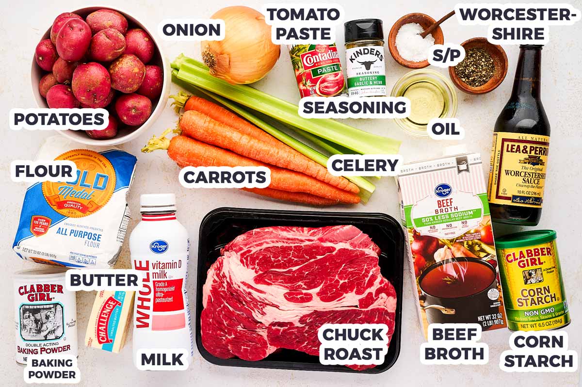 Slow Cooker Beef and Dumplings Ingredients with text labels.
