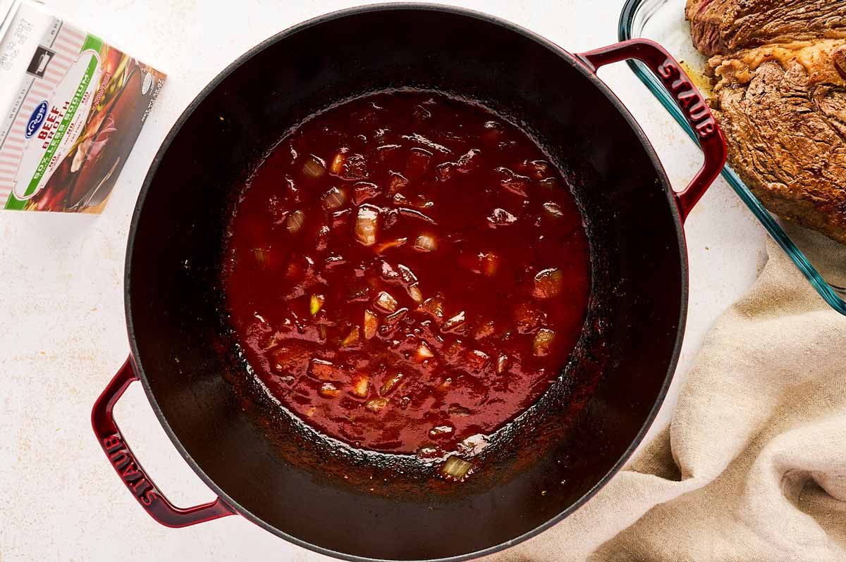 Deglazing liquid in cast iron braiser.