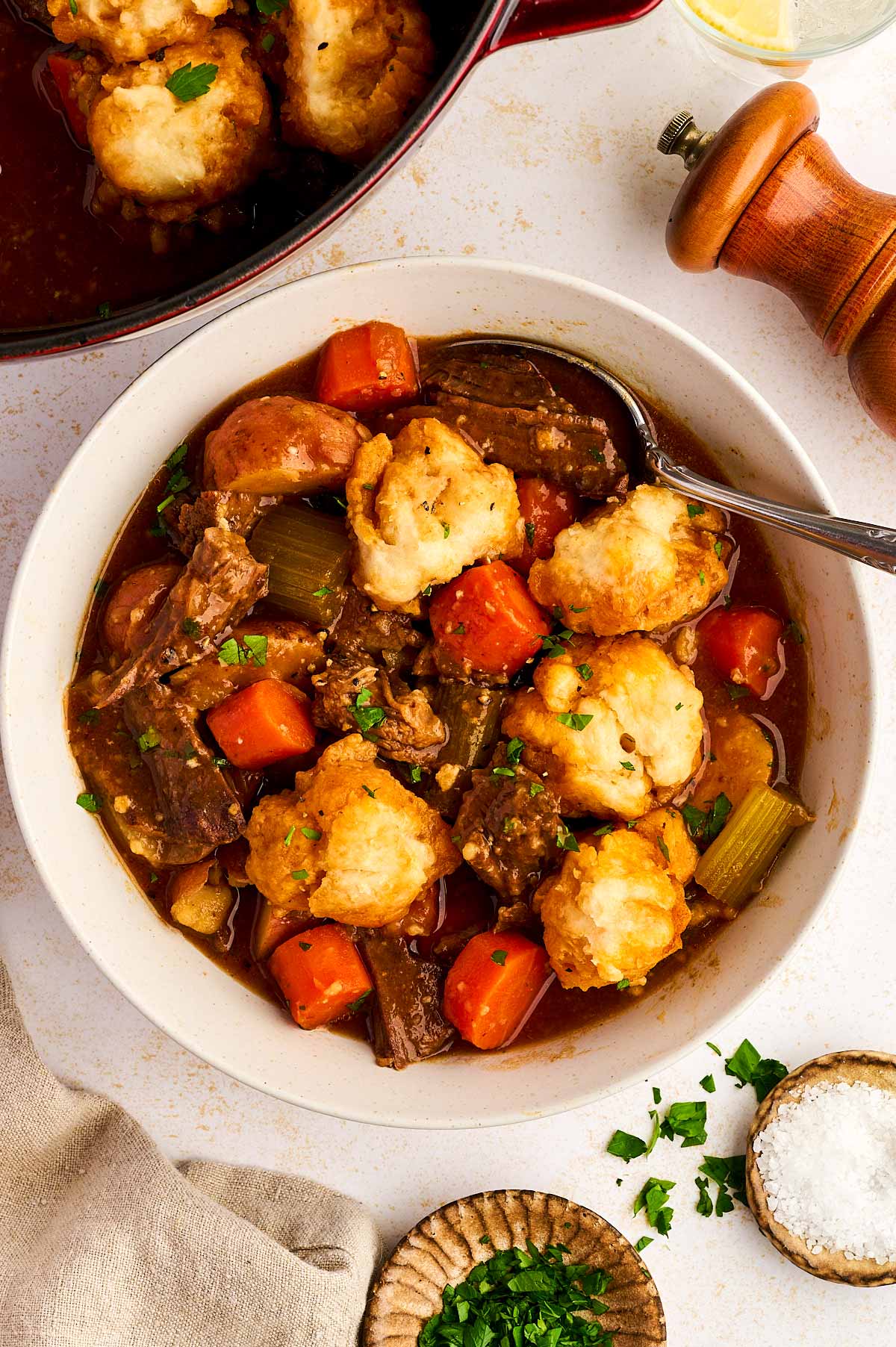 Bowl with beef and dumplings.