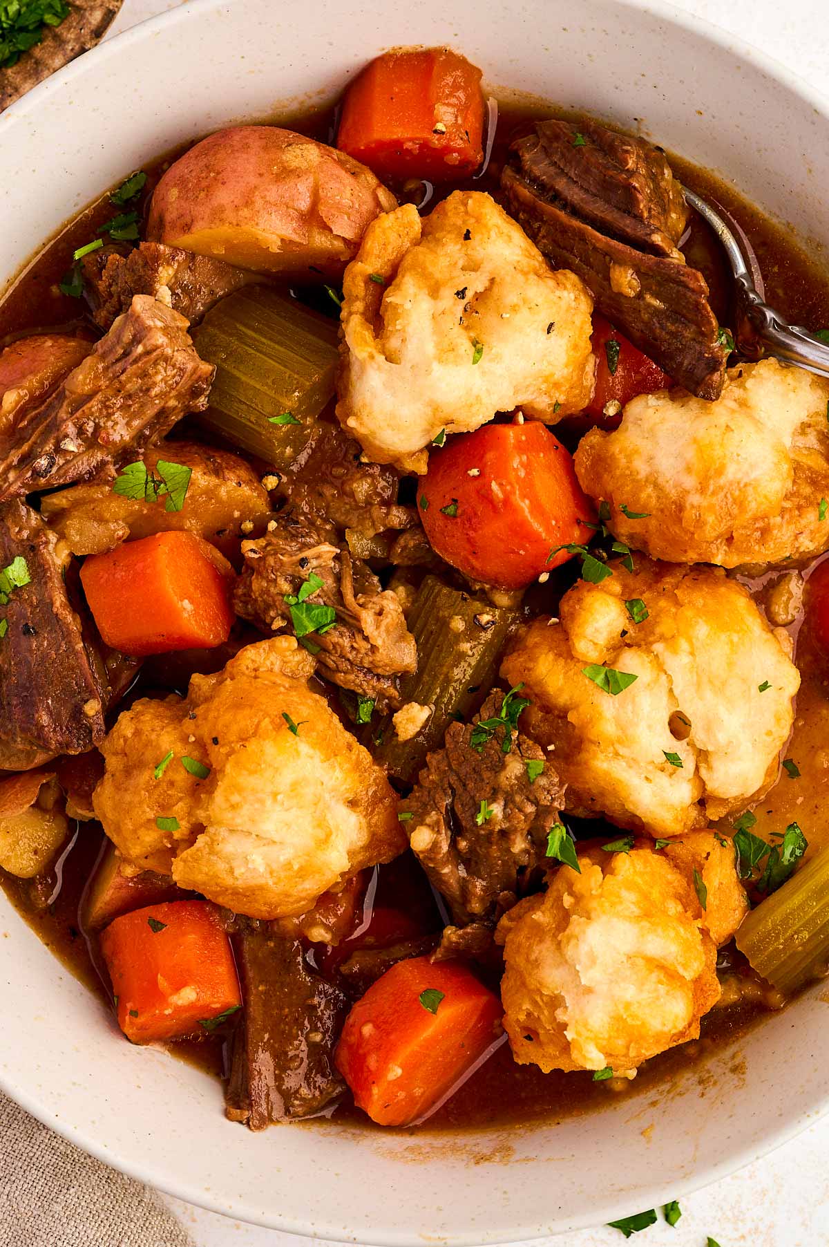 Close up of a bowl with beef stew and dumplings.