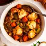 Bowl with beef and dumplings.