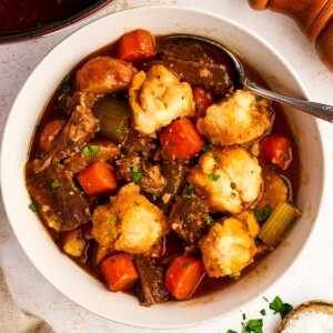 Bowl with beef and dumplings.