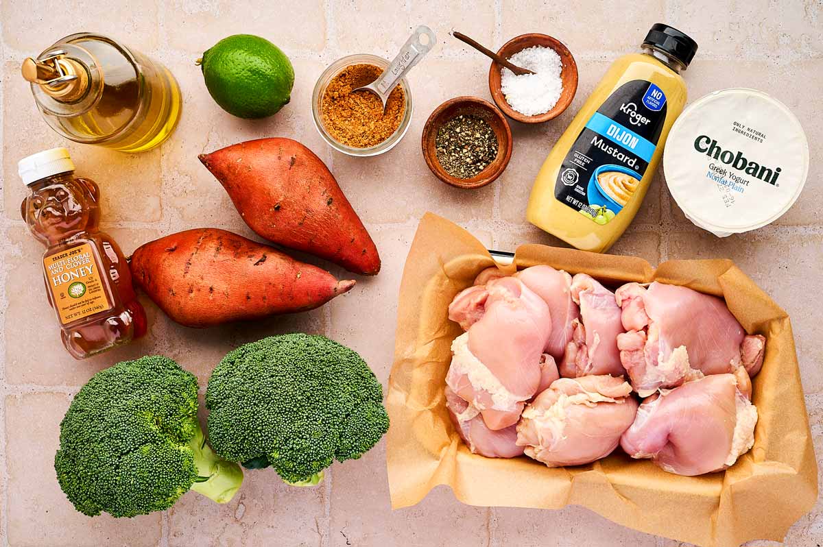 Ingredients for spicy honey chicken sheet pan dinner.