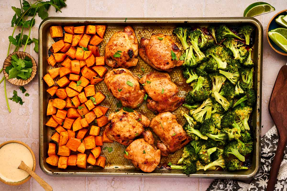Spicy honey chicken sheet pan dinner.