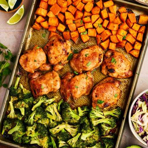 Spicy honey chicken sheet pan dinner.