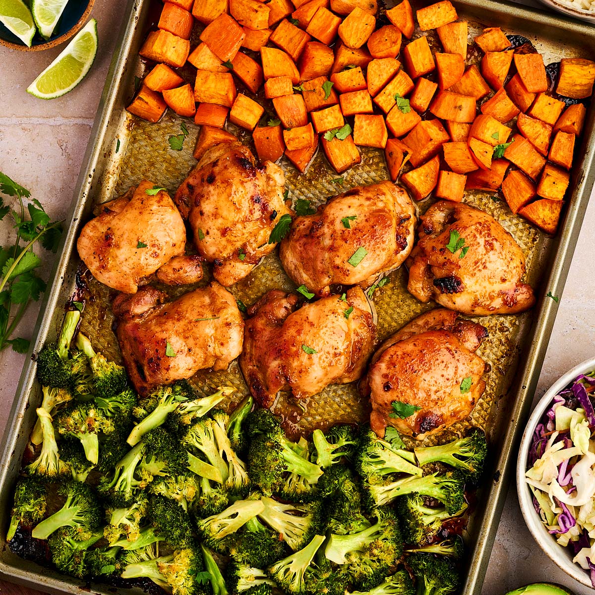 Spicy honey chicken sheet pan dinner.