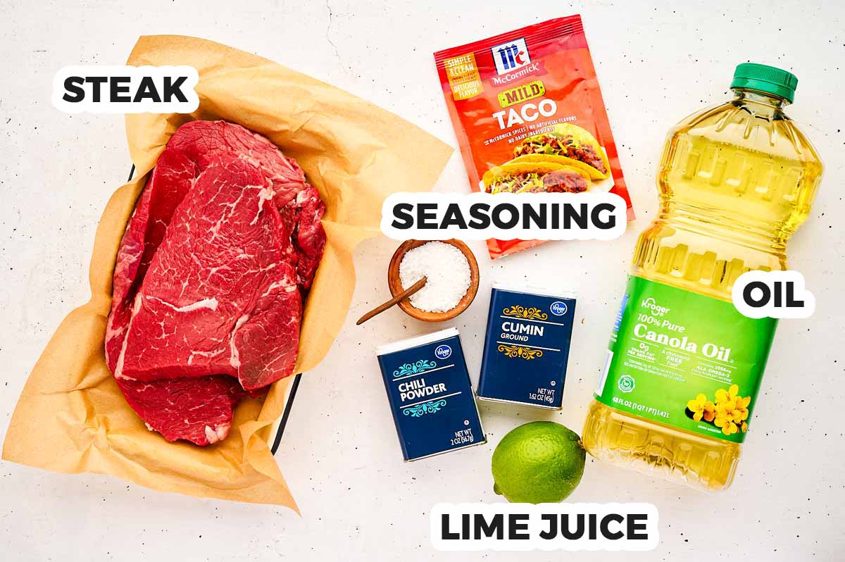 Ingredients for steak tacos with text labels.