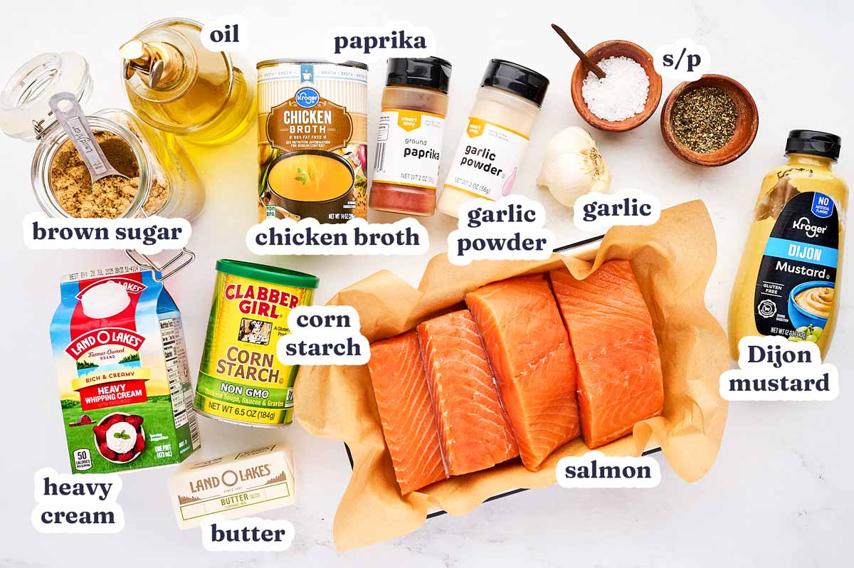 Creamy Dijon Salmon recipe ingredients with text labels.